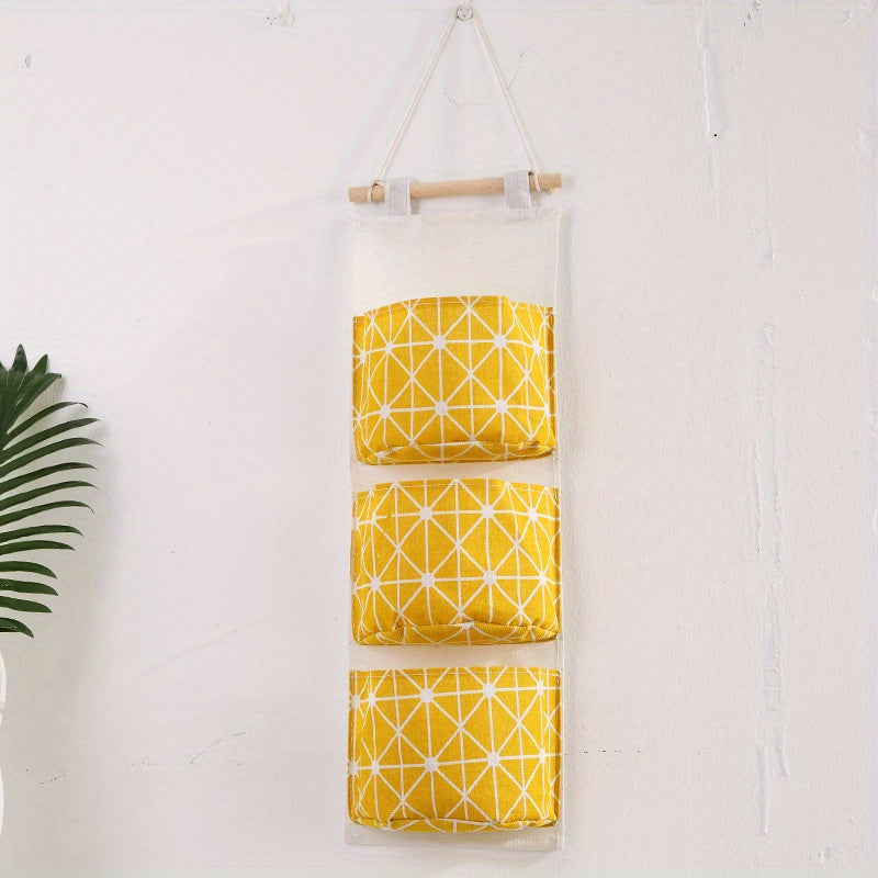 1pc Durable Linen Waterproof Hanging Storage Bag with 3-Tier Wall Mount and Wood Hanger for Home Organization.