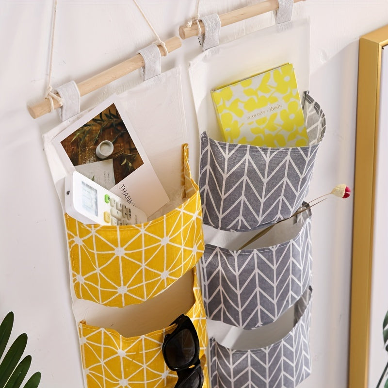 1pc Durable Linen Waterproof Hanging Storage Bag with 3-Tier Wall Mount and Wood Hanger for Home Organization.