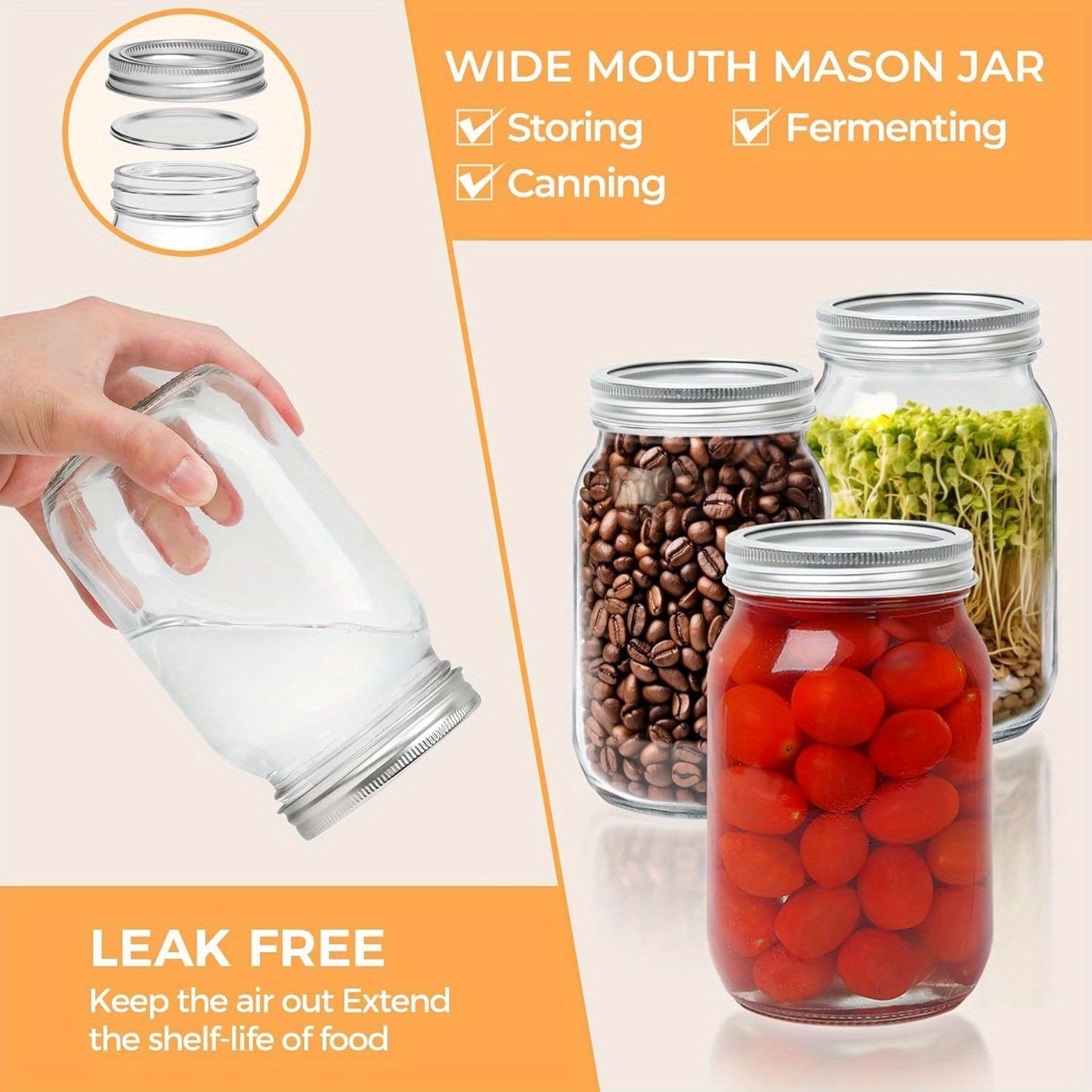 8-Pack of 32oz Wide Mouth Mason Jars: Perfect for Canning, Pickling, and Storing - BPA-Free Glass Jars with Airtight Lids for Salad, Jam, Jelly, Honey, and More