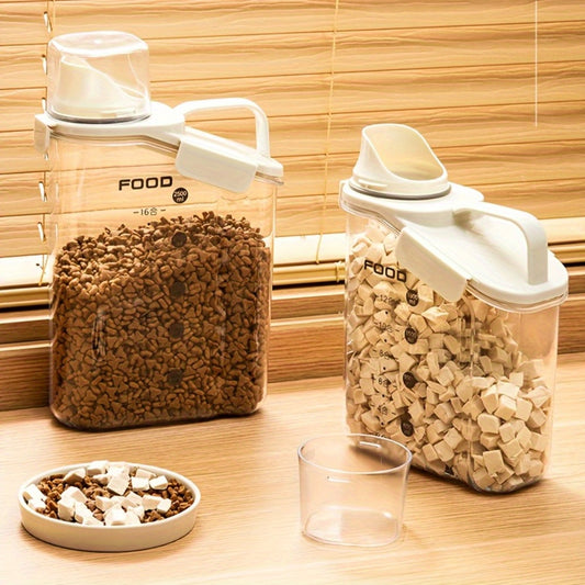 1pc Pet Food Storage Container with Scale, 2000ml/2800ml capacity - Airtight Dry Food Bin with Measuring Cup, Handle, and Moisture-Proof Design. Dispense food easily to dogs and cats.