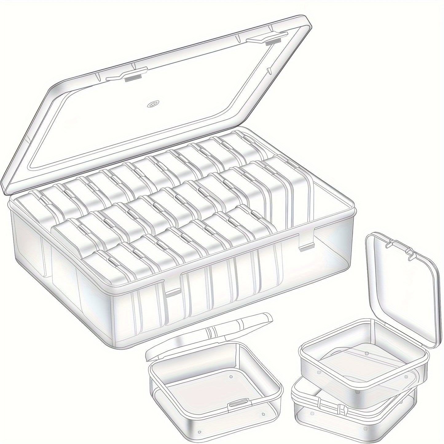 30 transparent plastic storage boxes for organizing small items such as crafts, beads, hair accessories, jewelry, and hardware. Includes compartments with options for 14 or 30 sections.