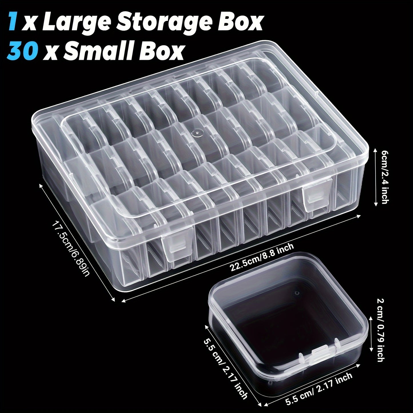 30 transparent plastic storage boxes for organizing small items such as crafts, beads, hair accessories, jewelry, and hardware. Includes compartments with options for 14 or 30 sections.