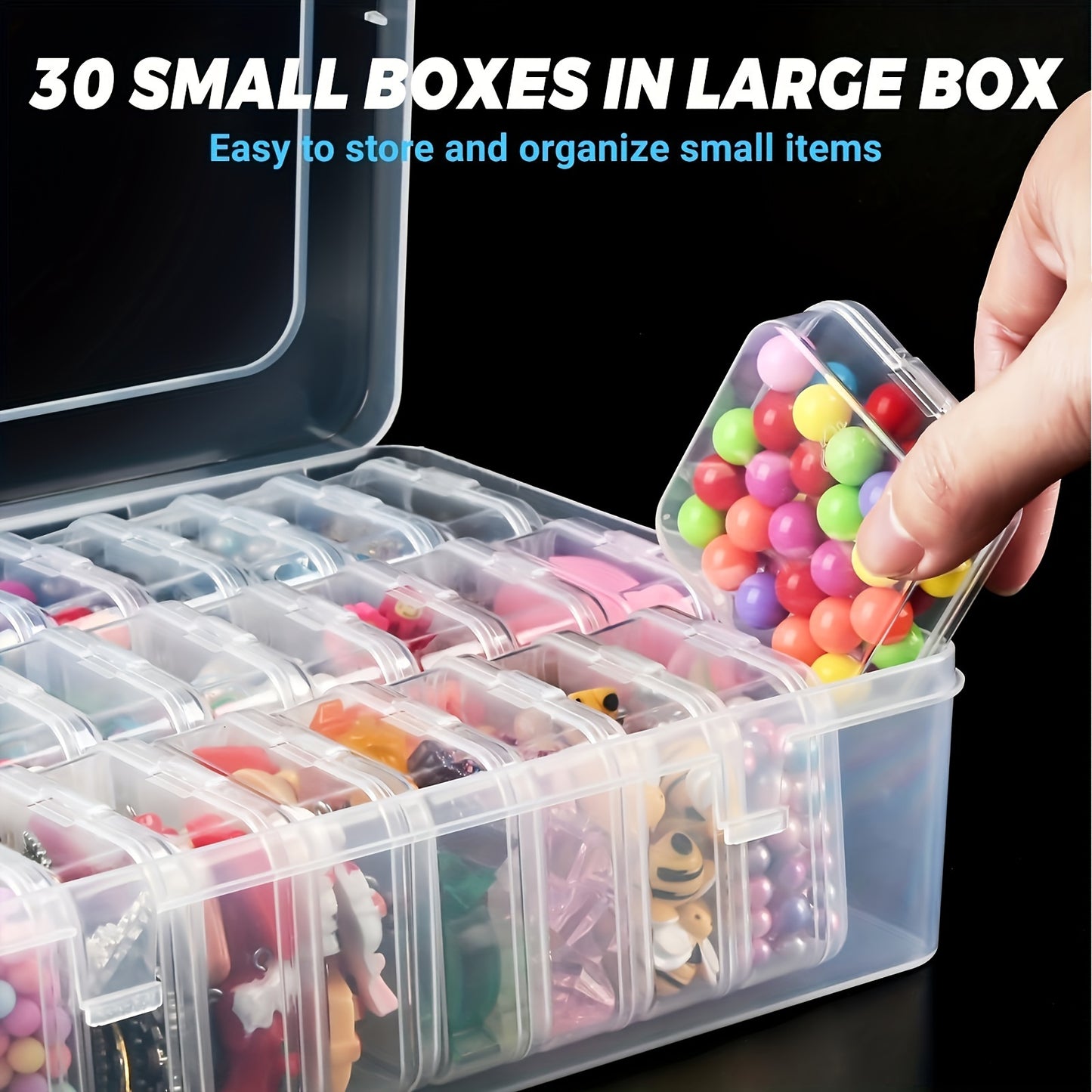 30 transparent plastic storage boxes for organizing small items such as crafts, beads, hair accessories, jewelry, and hardware. Includes compartments with options for 14 or 30 sections.