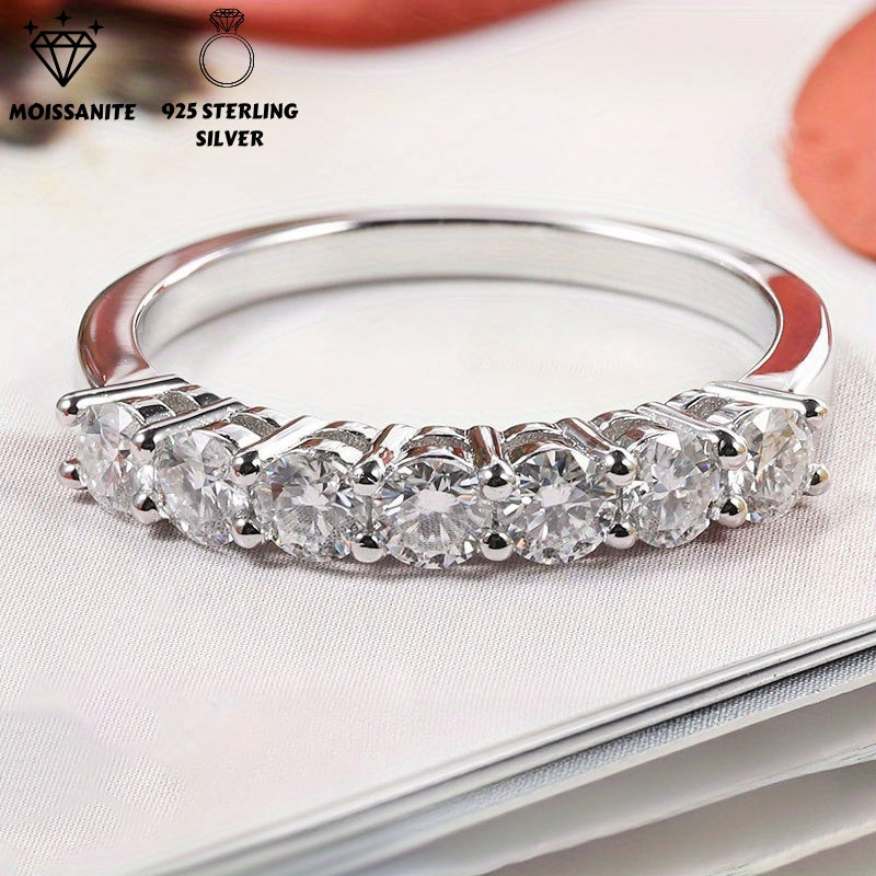 925 Sterling Silver Moissanite Ring with 18K Gold Plating - Featuring 0.7 Carat Total Weight and a Band of 7 Stones, Ideal for Women to Wear at Parties, Vacations, Music Festivals, and Celebrations. This Versatile Jewelry Piece is Perfect for All Seasons