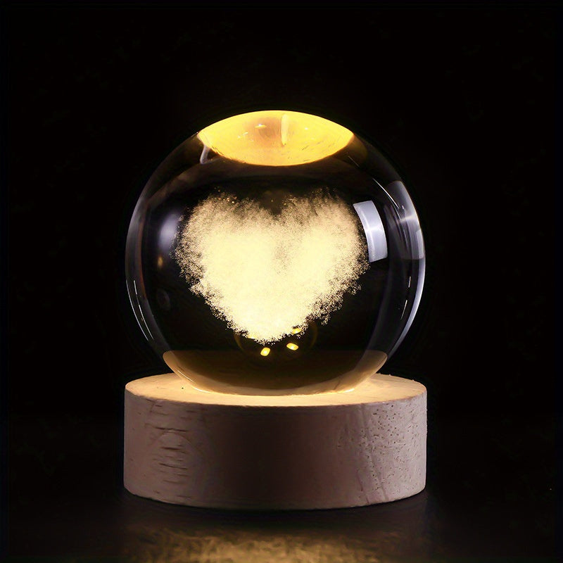 USB-Powered 3D Galaxy Crystal Ball Night Light with Heart Center - Warm Glow Lamp on Wooden Base, Perfect for Home Decor and Gifts for Special Occasions.