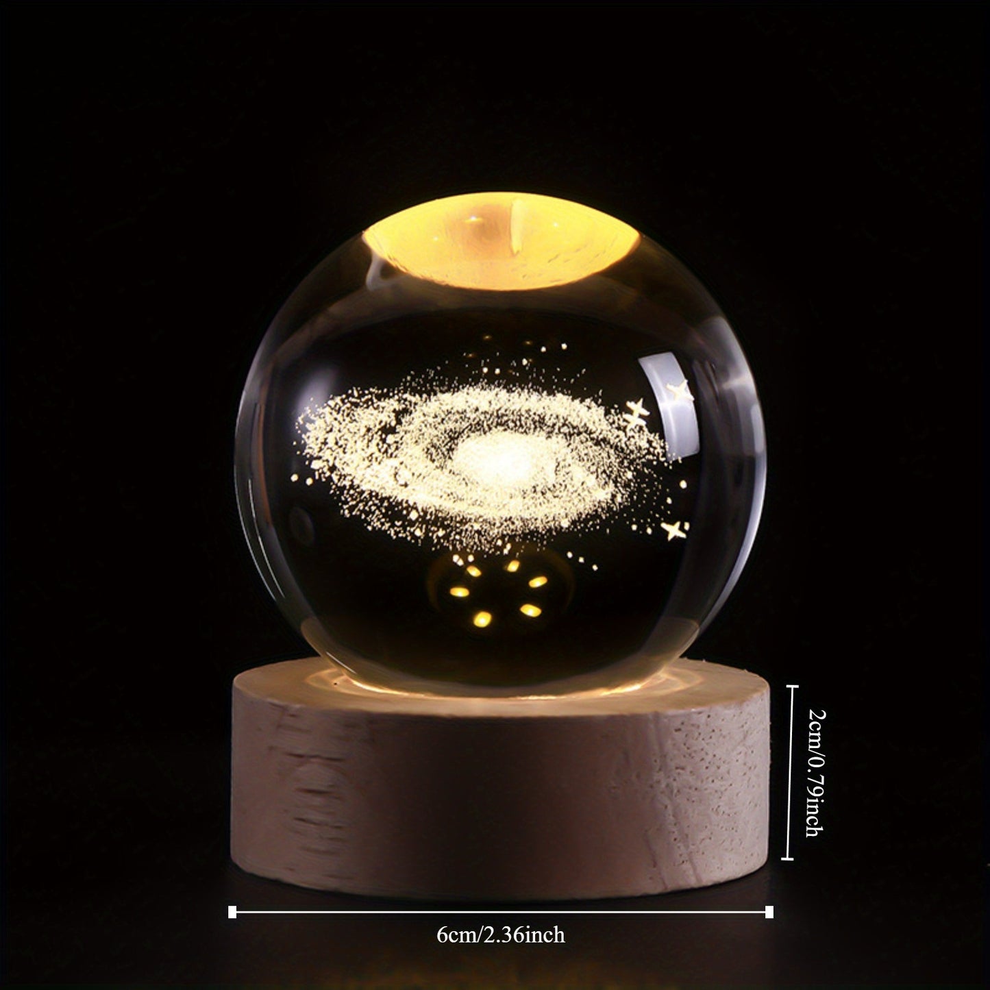 USB-Powered 3D Galaxy Crystal Ball Night Light with Heart Center - Warm Glow Lamp on Wooden Base, Perfect for Home Decor and Gifts for Special Occasions.