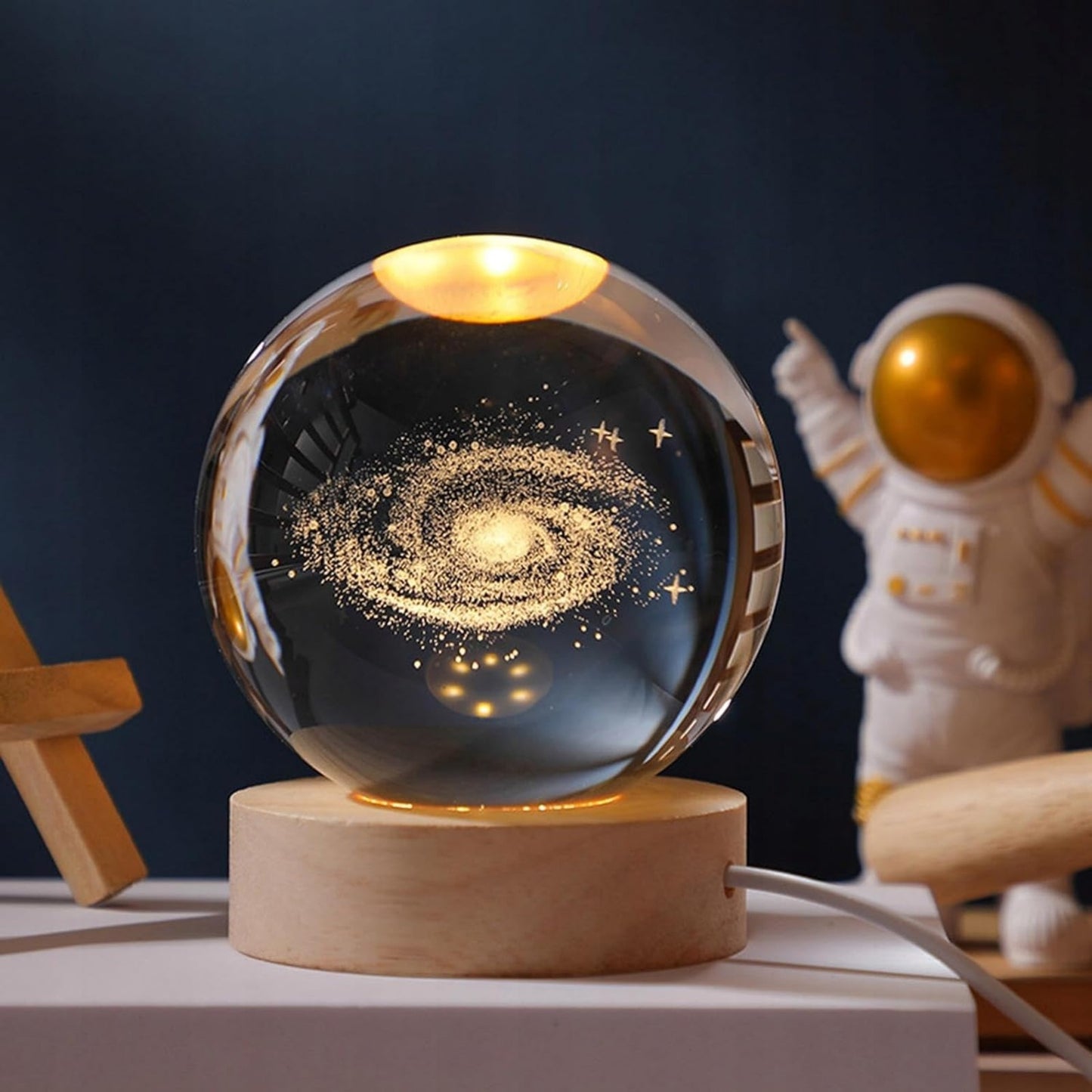 USB-Powered 3D Galaxy Crystal Ball Night Light with Heart Center - Warm Glow Lamp on Wooden Base, Perfect for Home Decor and Gifts for Special Occasions.