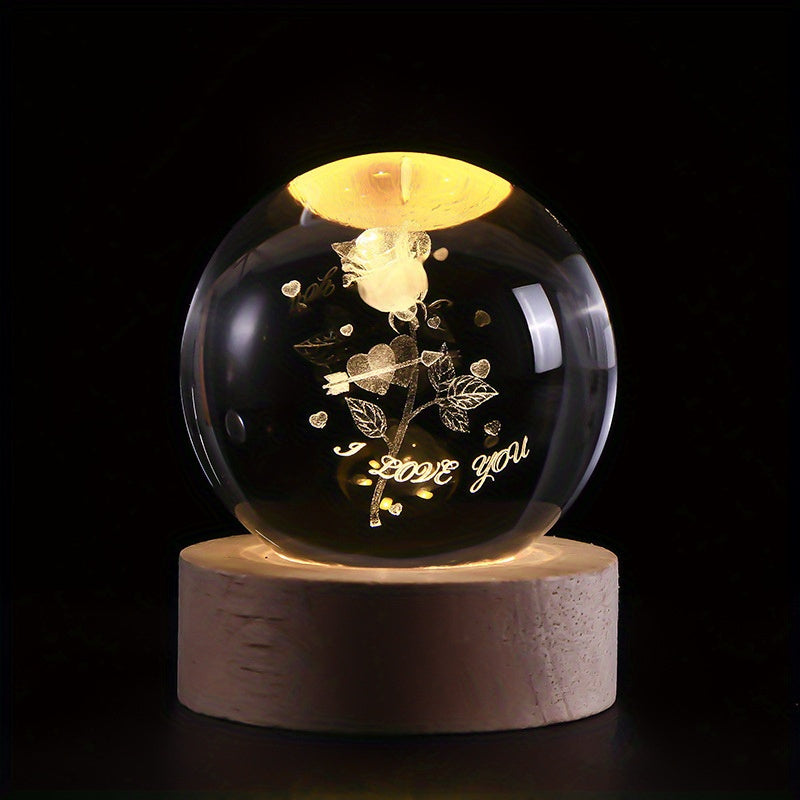 USB-Powered 3D Galaxy Crystal Ball Night Light with Heart Center - Warm Glow Lamp on Wooden Base, Perfect for Home Decor and Gifts for Special Occasions.