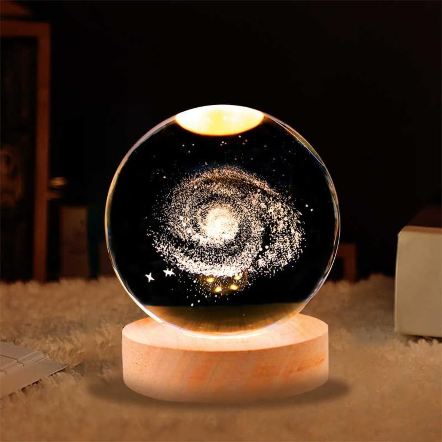 USB-Powered 3D Galaxy Crystal Ball Night Light with Heart Center - Warm Glow Lamp on Wooden Base, Perfect for Home Decor and Gifts for Special Occasions.