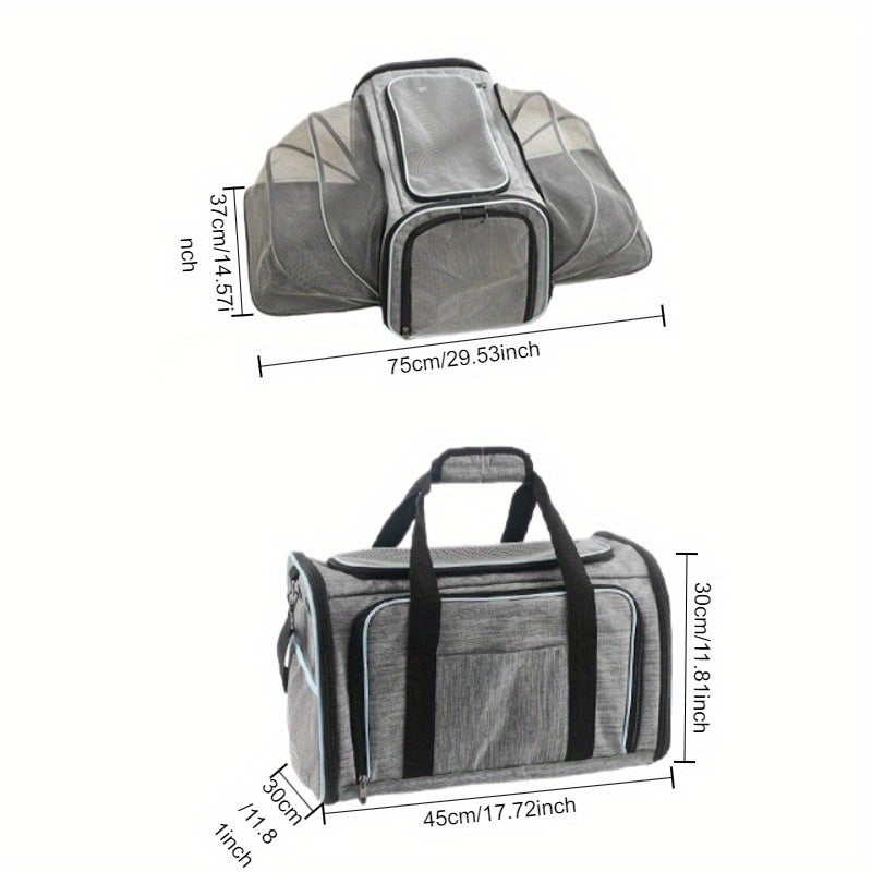 Expandable, durable polyester pet carrier with multiple openings, safety zipper, airline-approved, soft-sided cat and dog tote with adjustable strap.