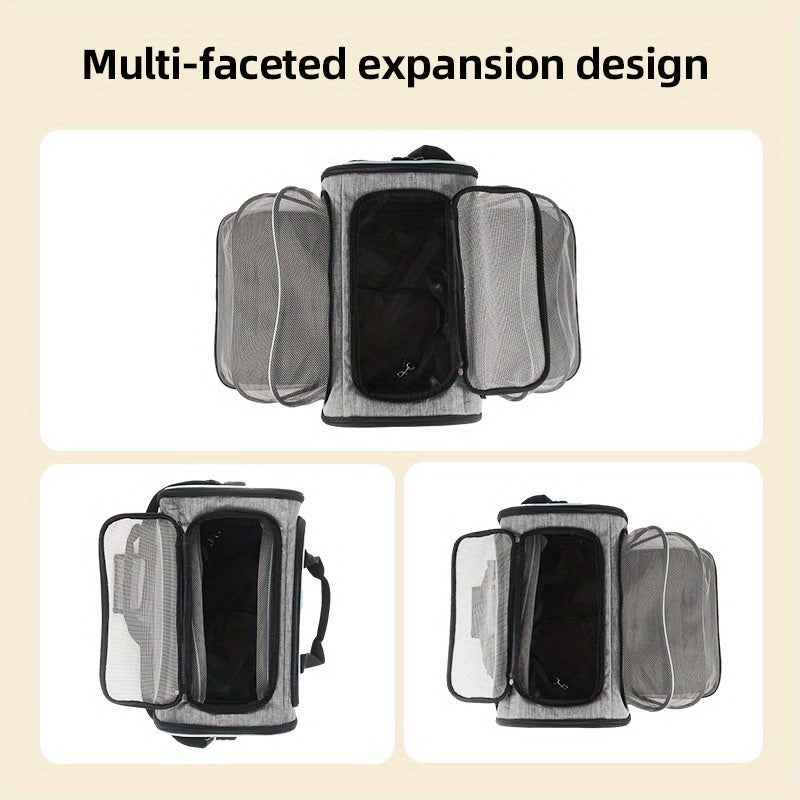 Expandable, durable polyester pet carrier with multiple openings, safety zipper, airline-approved, soft-sided cat and dog tote with adjustable strap.