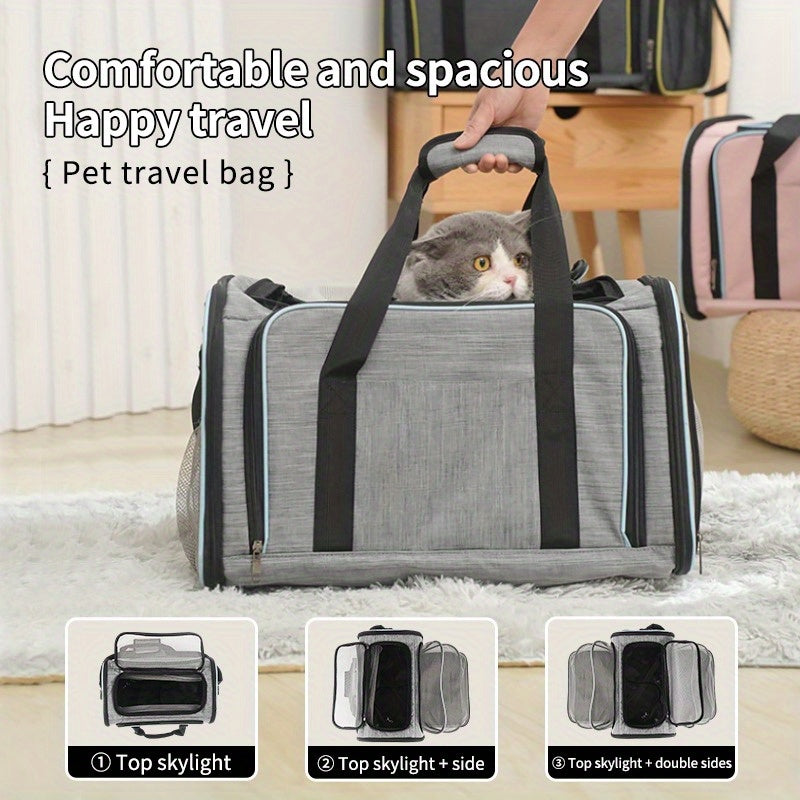 Expandable, durable polyester pet carrier with multiple openings, safety zipper, airline-approved, soft-sided cat and dog tote with adjustable strap.