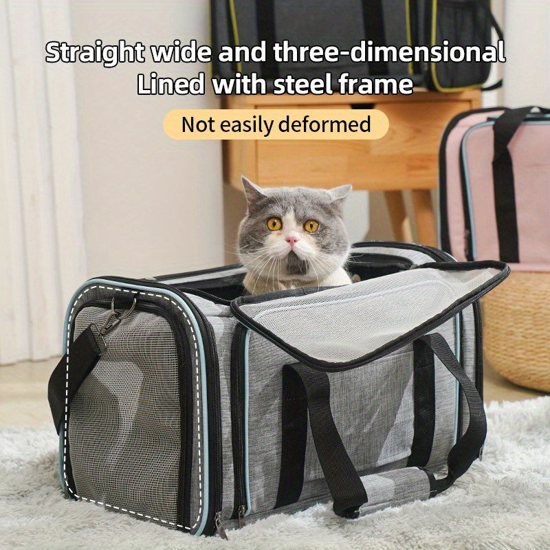 Expandable, durable polyester pet carrier with multiple openings, safety zipper, airline-approved, soft-sided cat and dog tote with adjustable strap.