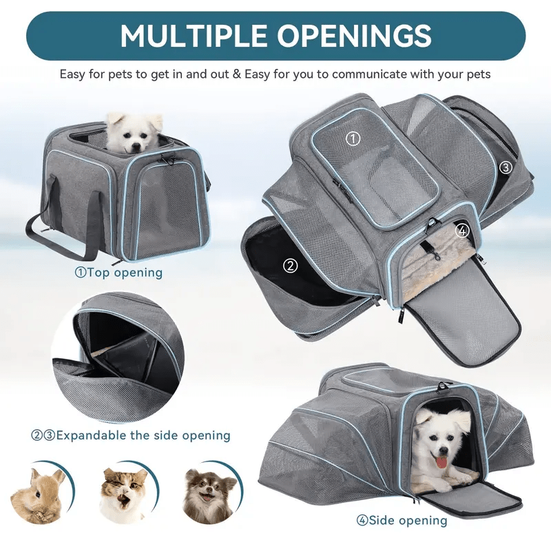 Expandable, durable polyester pet carrier with multiple openings, safety zipper, airline-approved, soft-sided cat and dog tote with adjustable strap.