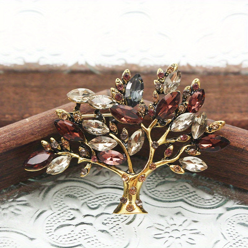 Luxurious Vintage-Inspired Brooch adorned with Rhinestones, featuring a Unique and Unconventional Wishing Tree Design.