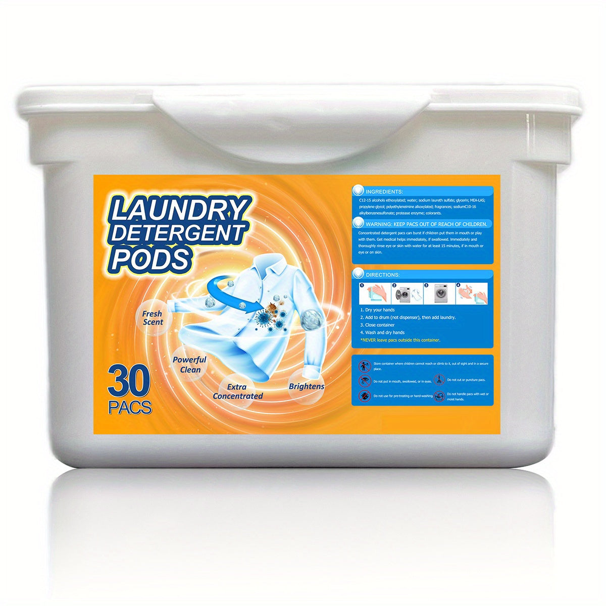 30 ultra concentrated laundry detergent pods with 6-in-1 cleaning power. Removes stains, leaves a fresh scent, no residue, and features a gel formula with Crescentia Oxide for effective home cleaning.