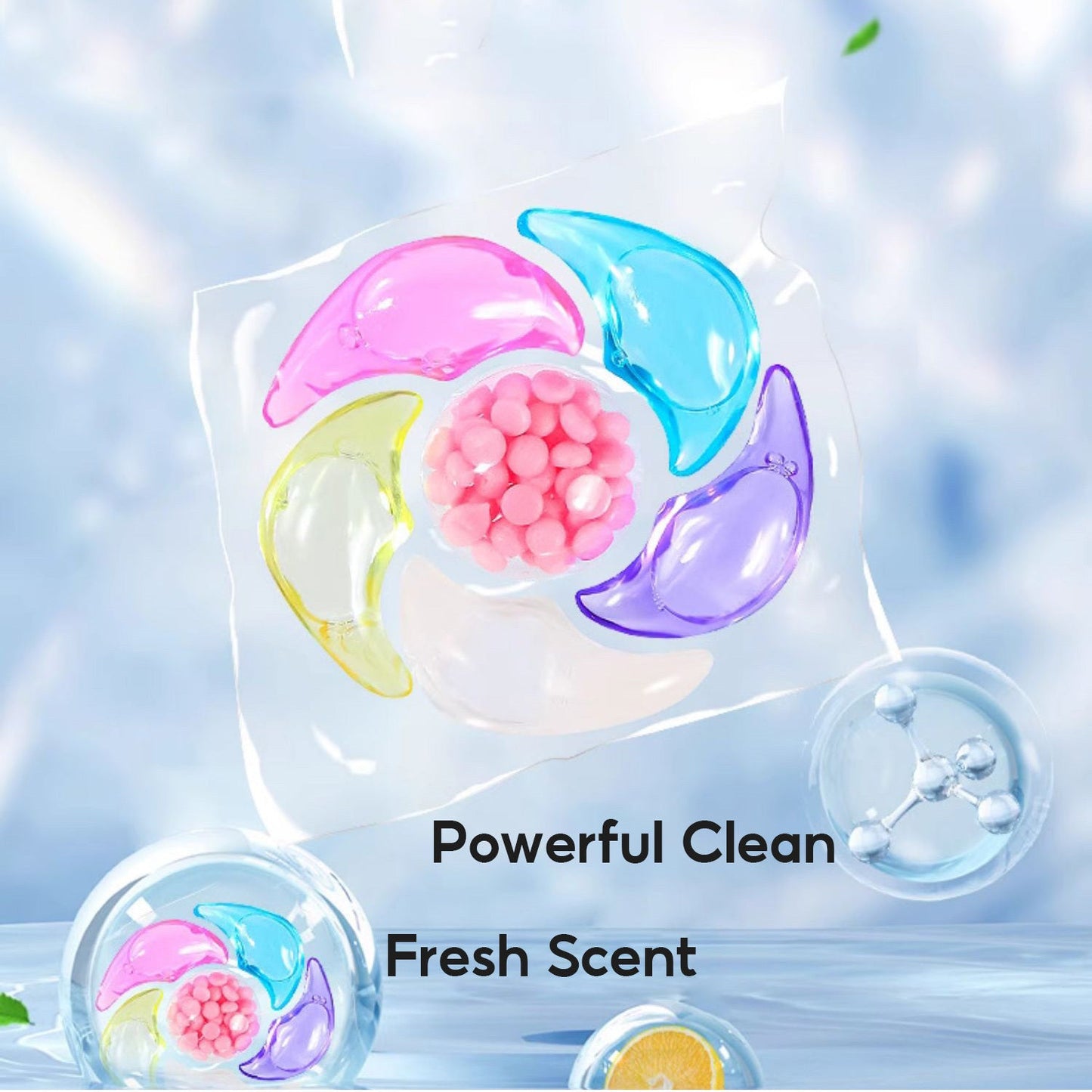 30 ultra concentrated laundry detergent pods with 6-in-1 cleaning power. Removes stains, leaves a fresh scent, no residue, and features a gel formula with Crescentia Oxide for effective home cleaning.