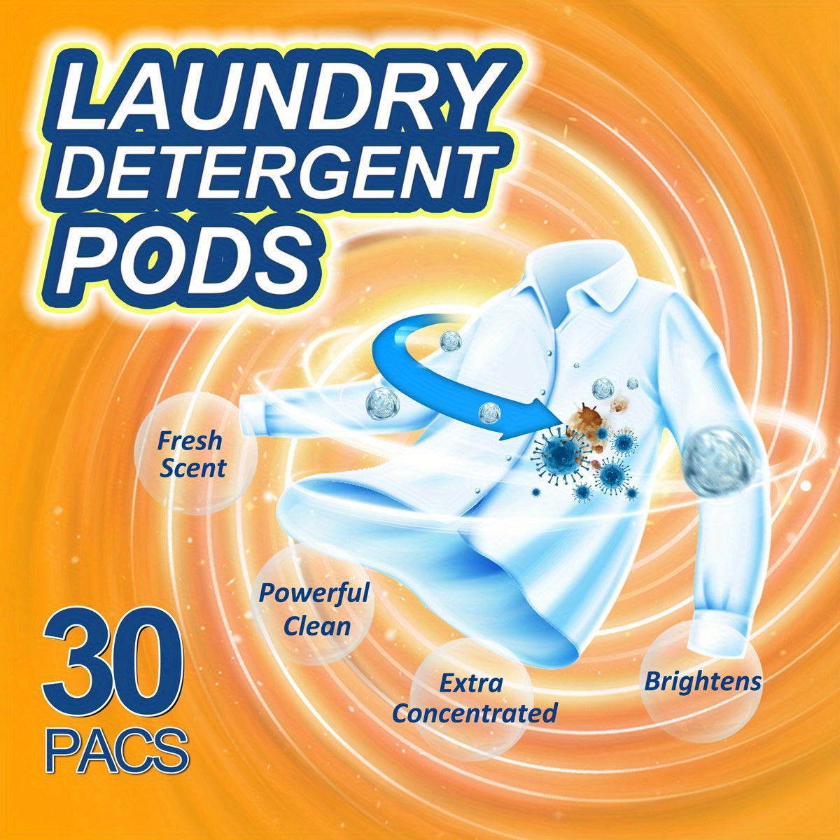 30 ultra concentrated laundry detergent pods with 6-in-1 cleaning power. Removes stains, leaves a fresh scent, no residue, and features a gel formula with Crescentia Oxide for effective home cleaning.