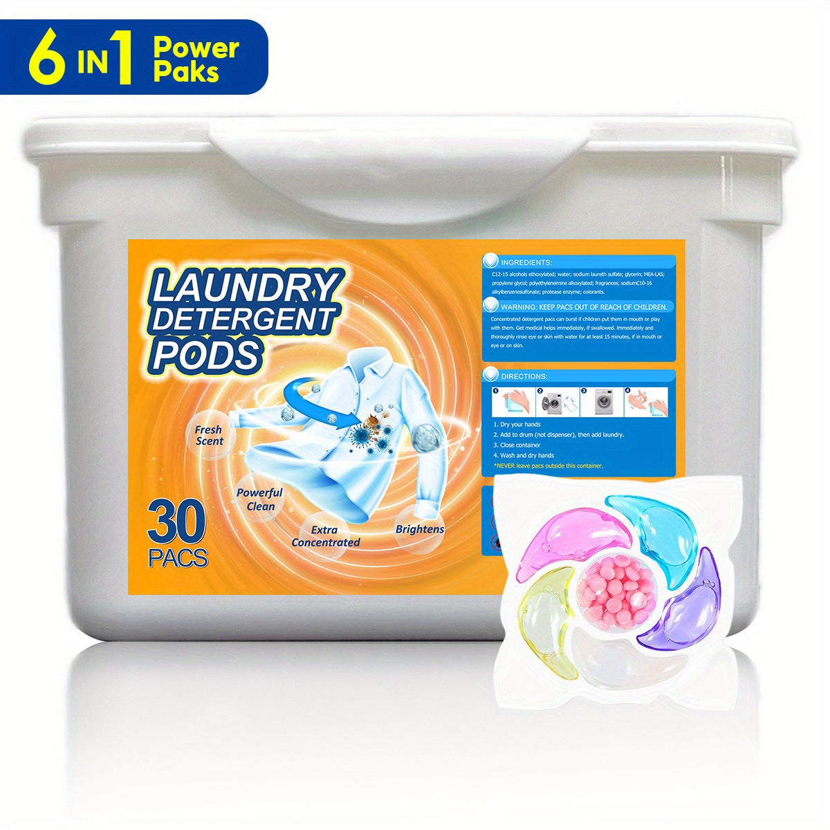 30 ultra concentrated laundry detergent pods with 6-in-1 cleaning power. Removes stains, leaves a fresh scent, no residue, and features a gel formula with Crescentia Oxide for effective home cleaning.