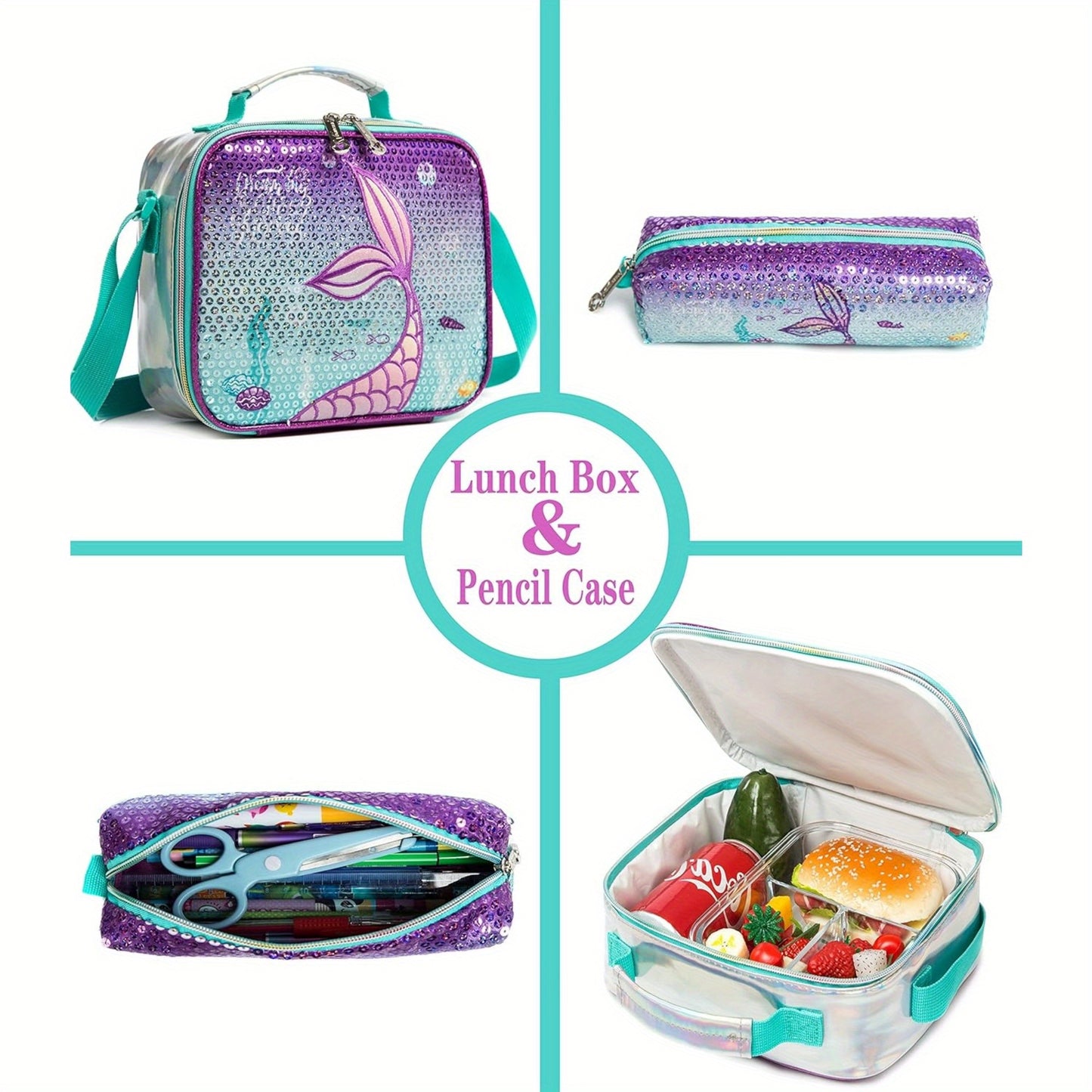 Mermaid rolling backpack with lunch box for elementary school students.