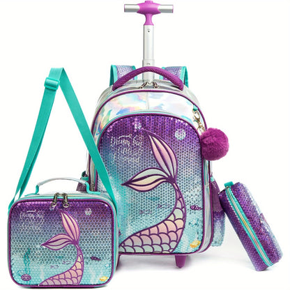 Mermaid rolling backpack with lunch box for elementary school students.