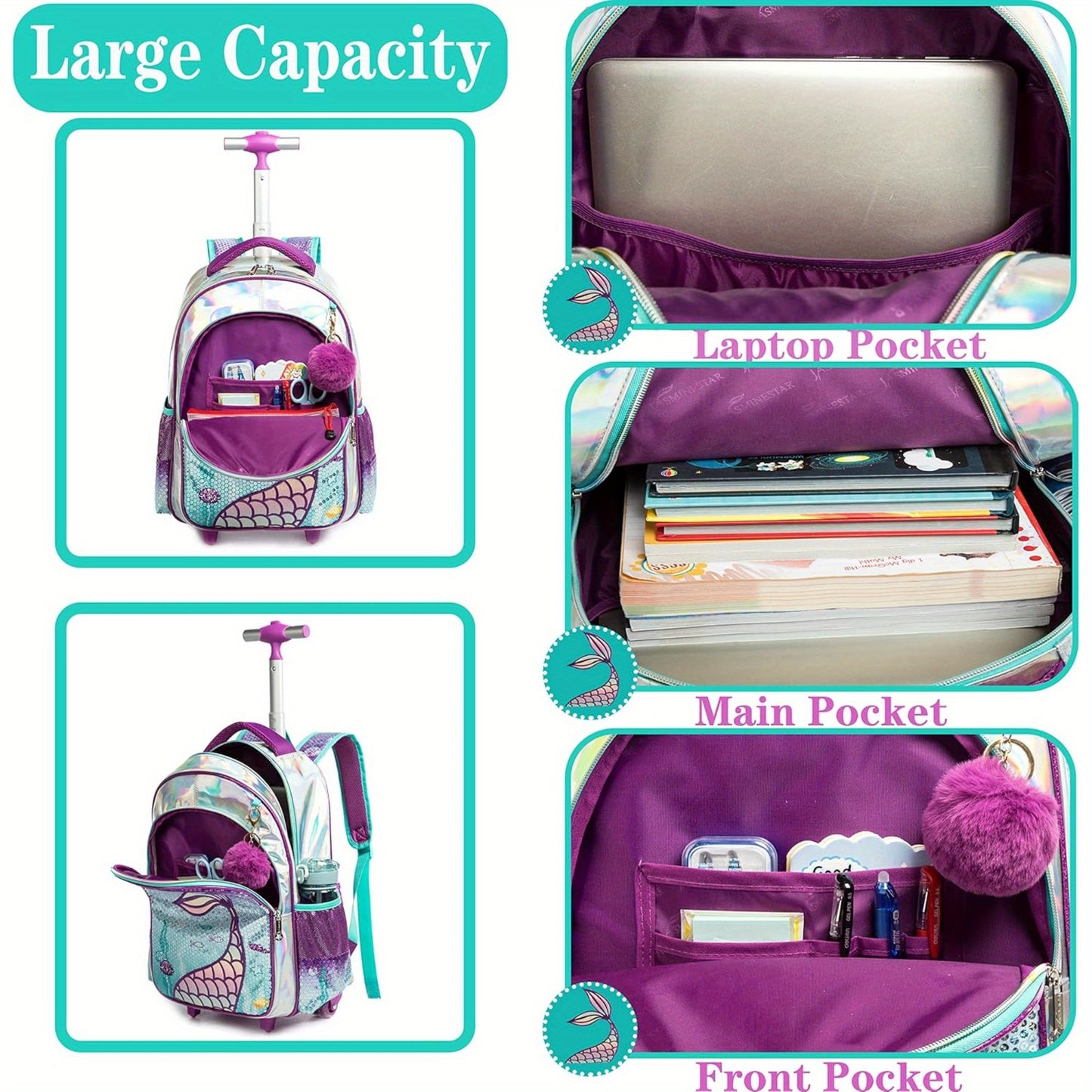 Mermaid rolling backpack with lunch box for elementary school students.