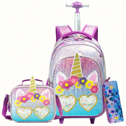 Mermaid rolling backpack with lunch box for elementary school students.