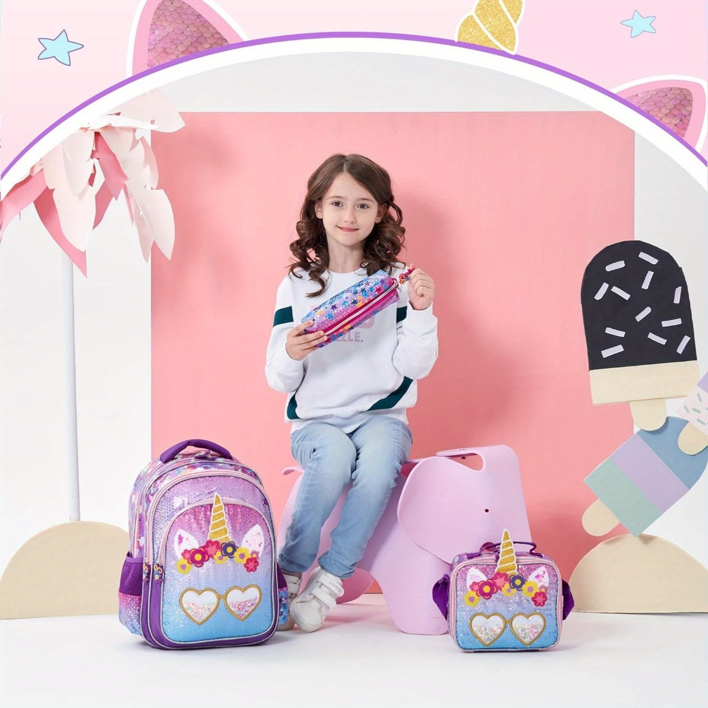 Mermaid rolling backpack with lunch box for elementary school students.