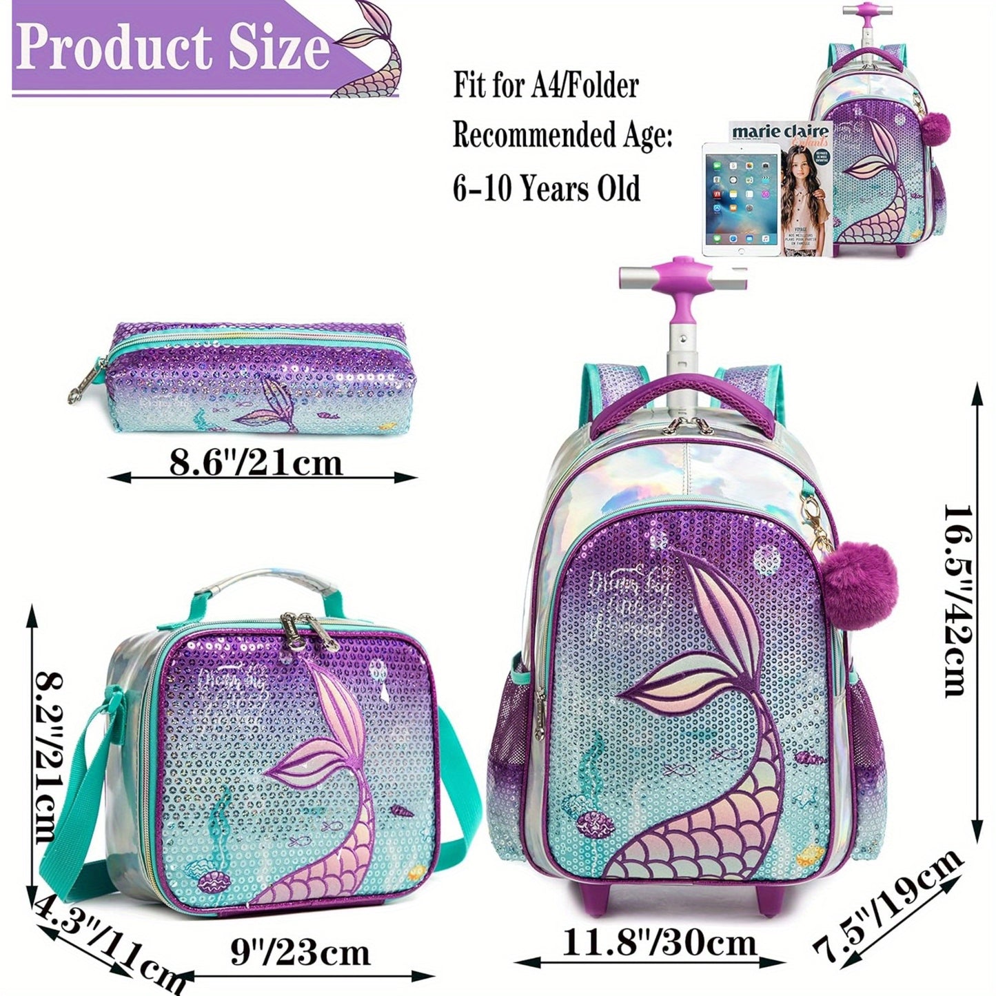 Mermaid rolling backpack with lunch box for elementary school students.