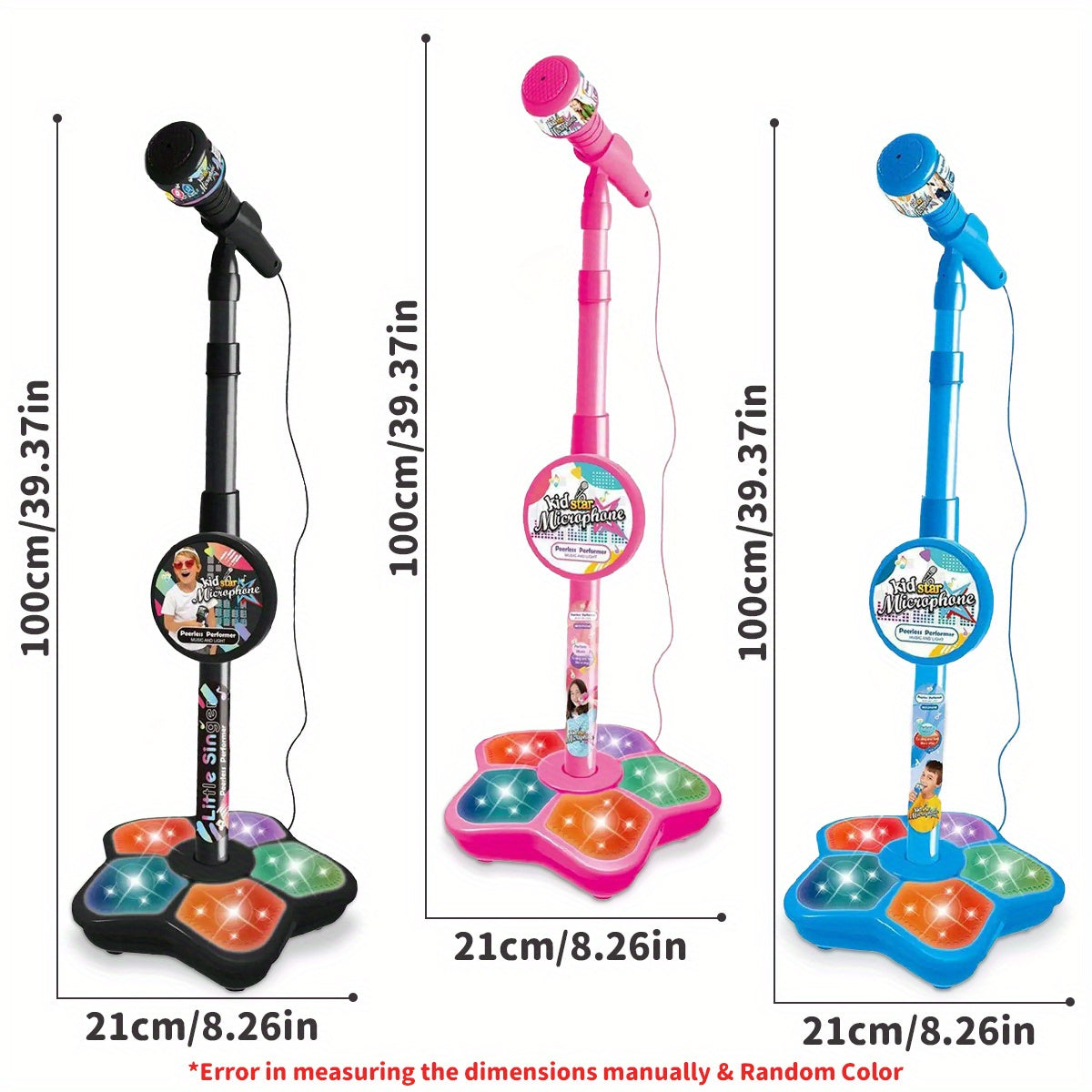 Portable LED karaoke microphone toy with adjustable stand for kids ages 3-6. Ideal for birthday parties and concert gifts.