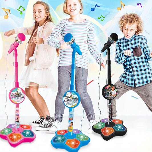 Portable LED karaoke microphone toy with adjustable stand for kids ages 3-6. Ideal for birthday parties and concert gifts.