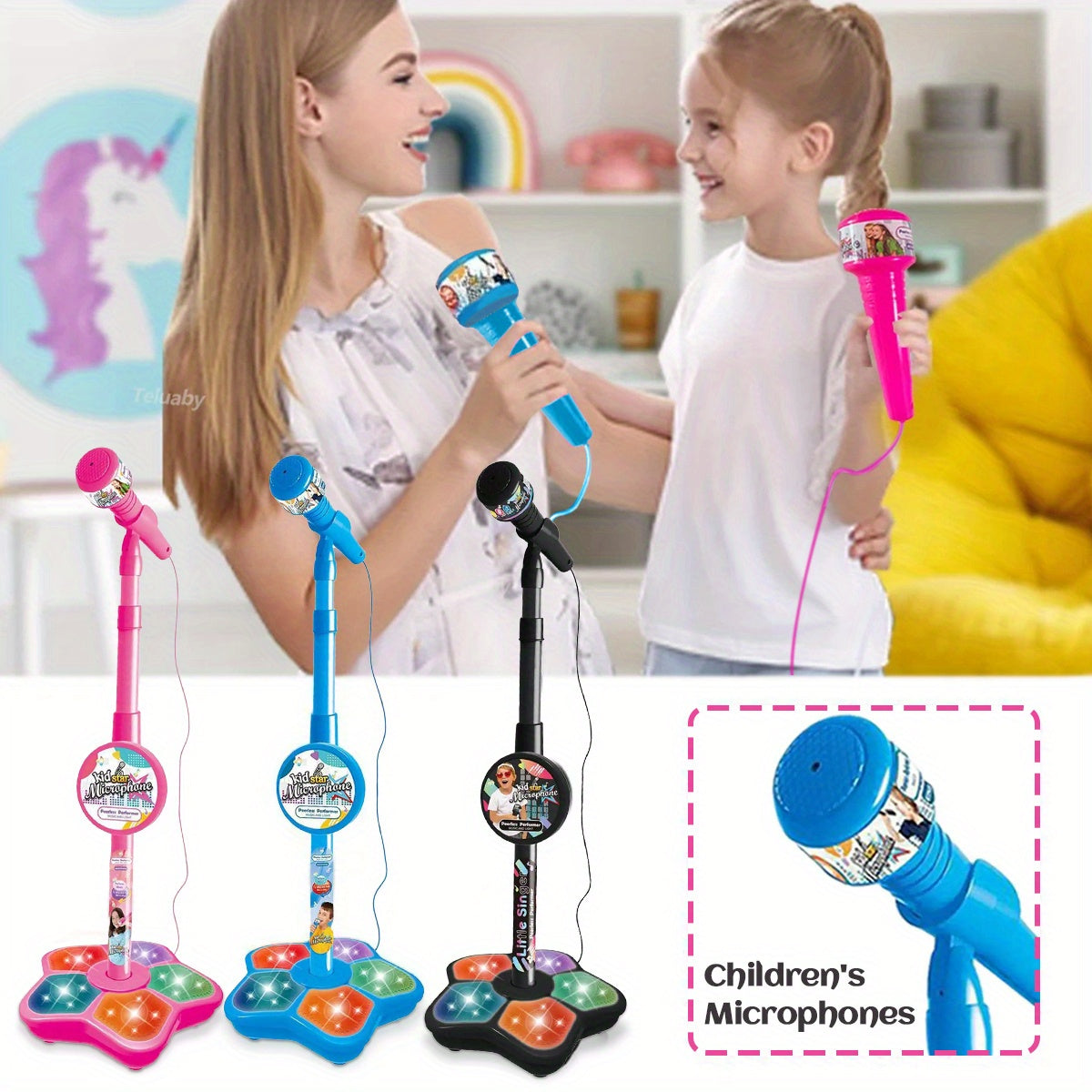 Portable LED karaoke microphone toy with adjustable stand for kids ages 3-6. Ideal for birthday parties and concert gifts.