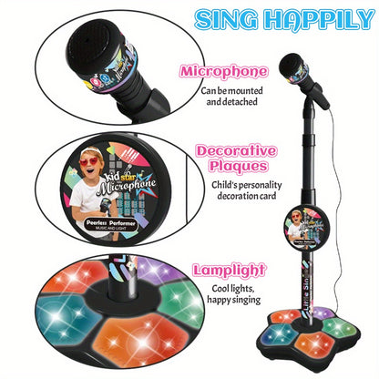 Portable LED karaoke microphone toy with adjustable stand for kids ages 3-6. Ideal for birthday parties and concert gifts.