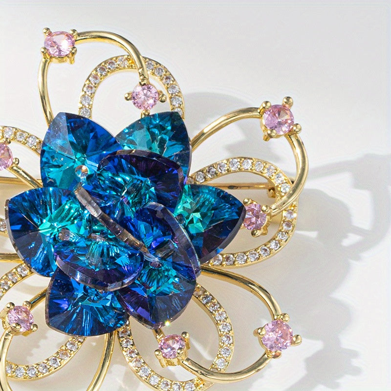 This elegant and exquisite flower brooch, adorned with sparkling rhinestones, is perfect for adding a touch of glamour to ladies' accessories such as bags, hats, coats, and badges.