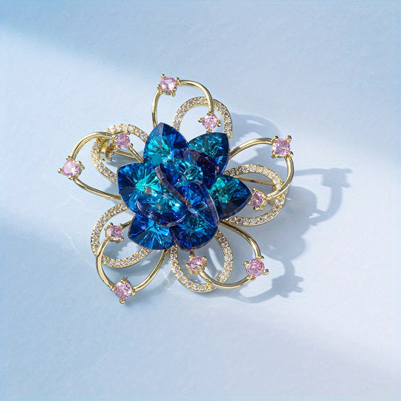 This elegant and exquisite flower brooch, adorned with sparkling rhinestones, is perfect for adding a touch of glamour to ladies' accessories such as bags, hats, coats, and badges.