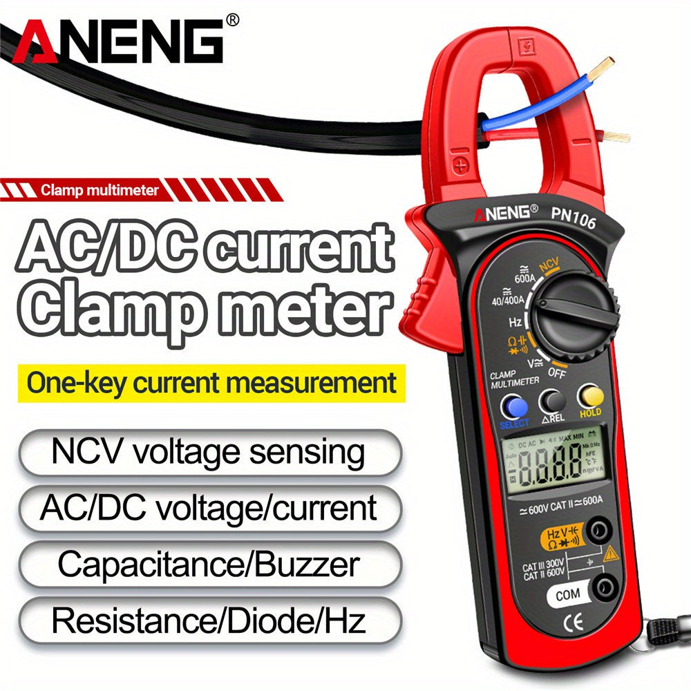 ANENG PN106 is a 4000 Counts Clamp Meter that serves as an AC/DC Ammeter, Voltmeter, Electric Tester, and True RMS Multimeter, ideal for electricians.