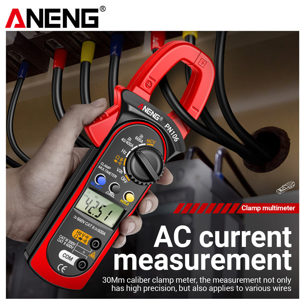 ANENG PN106 is a 4000 Counts Clamp Meter that serves as an AC/DC Ammeter, Voltmeter, Electric Tester, and True RMS Multimeter, ideal for electricians.