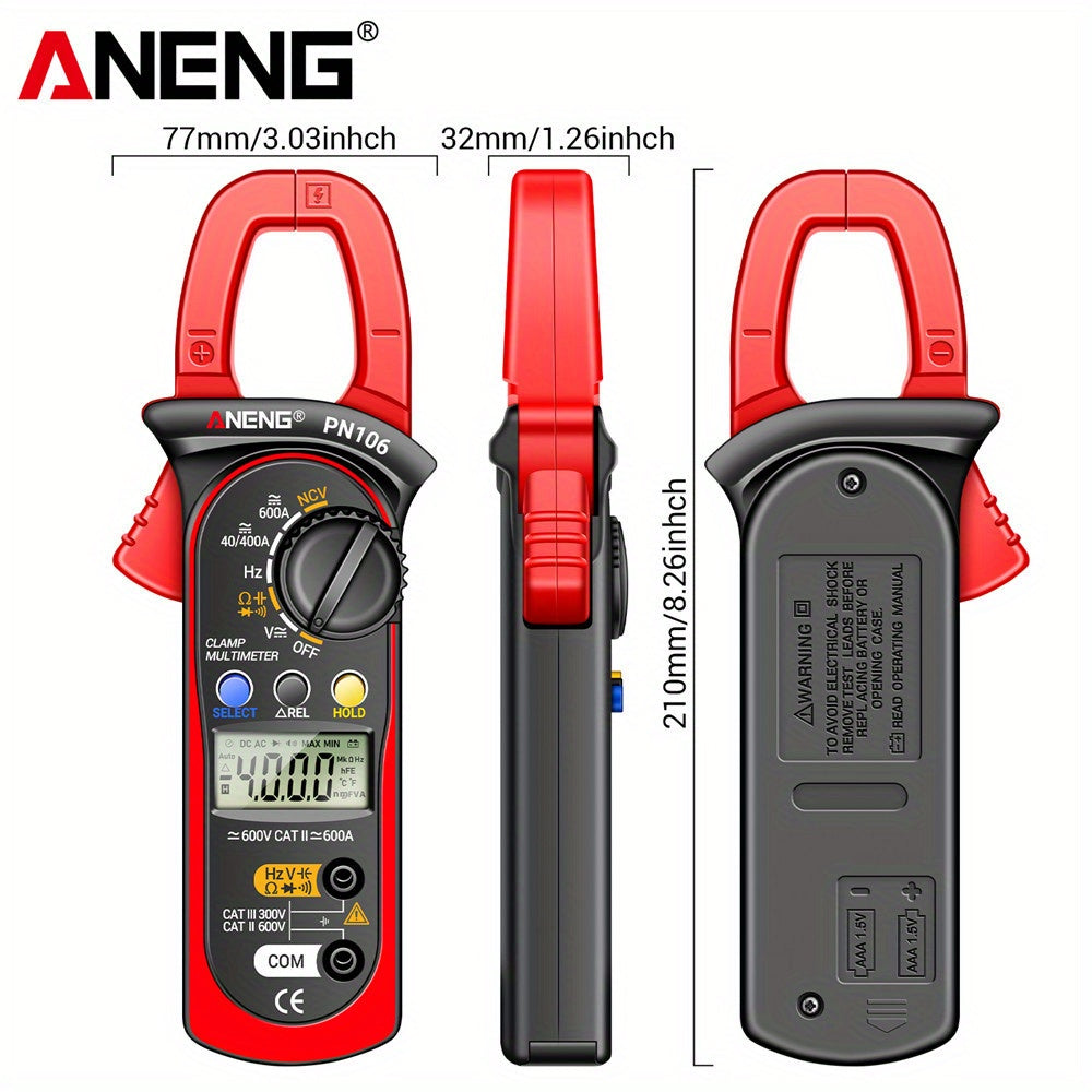 ANENG PN106 is a 4000 Counts Clamp Meter that serves as an AC/DC Ammeter, Voltmeter, Electric Tester, and True RMS Multimeter, ideal for electricians.