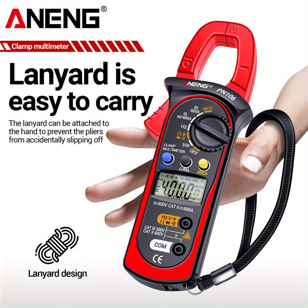 ANENG PN106 is a 4000 Counts Clamp Meter that serves as an AC/DC Ammeter, Voltmeter, Electric Tester, and True RMS Multimeter, ideal for electricians.