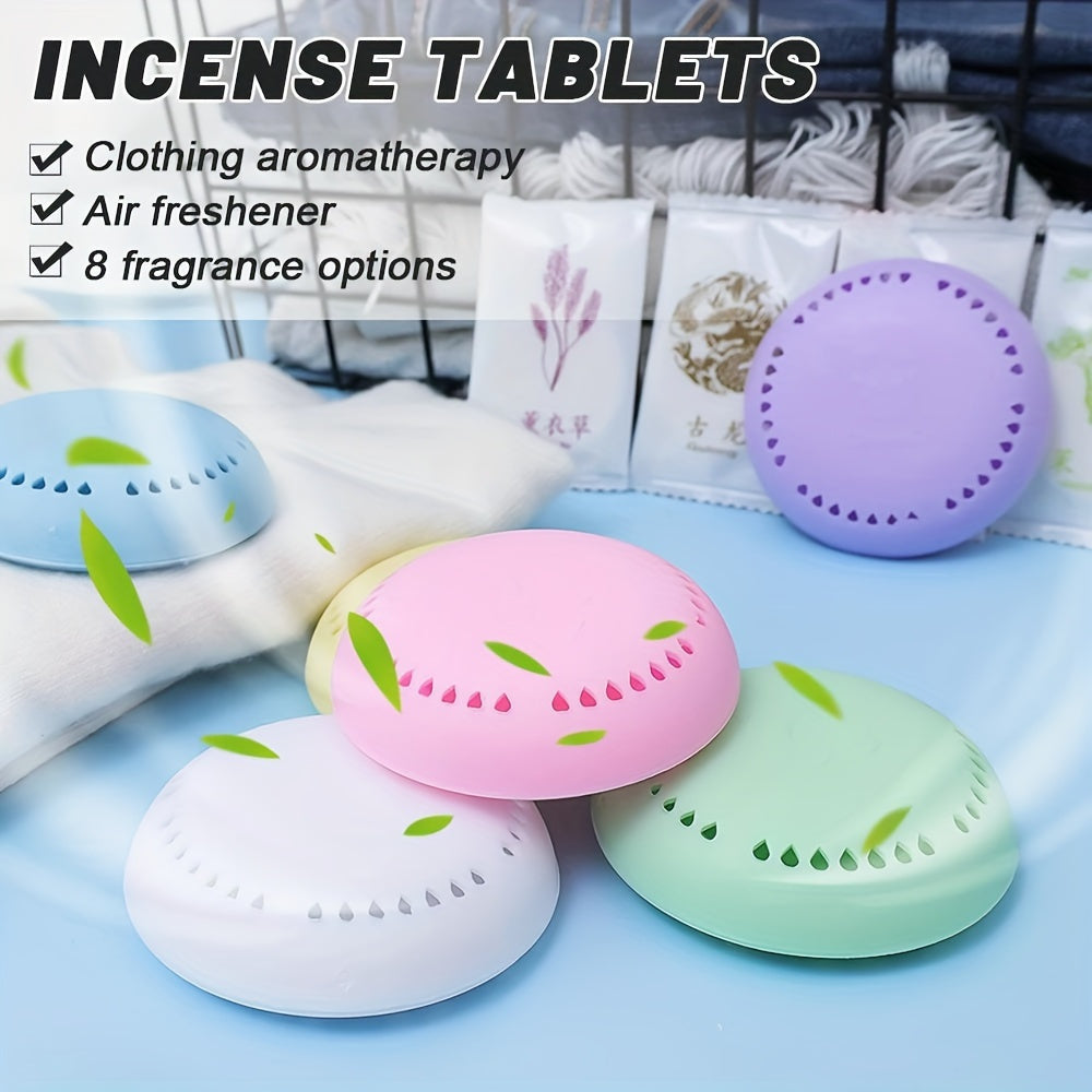 Six fragrance tablets and one box of long-lasting aromatherapy air freshener for use in various settings such as home, car, bathroom, bedroom, wardrobe, and toilet; suitable for ceramic surfaces, self-adhesive, and one-time use.