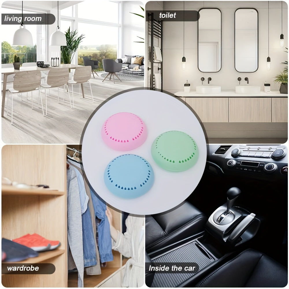 Six fragrance tablets and one box of long-lasting aromatherapy air freshener for use in various settings such as home, car, bathroom, bedroom, wardrobe, and toilet; suitable for ceramic surfaces, self-adhesive, and one-time use.