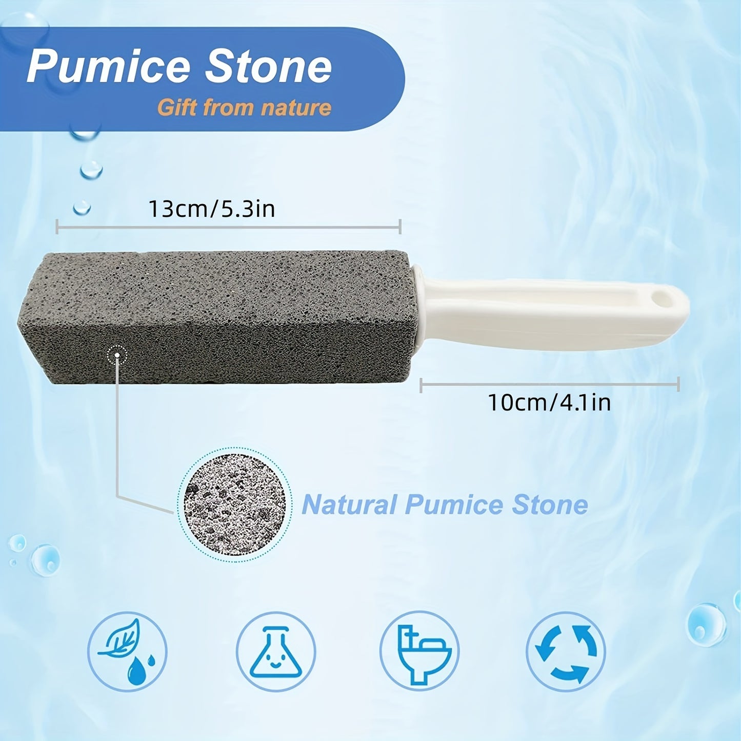 Pumice Stone Scrubber: Easily removes limescale, hard water stains, calcium buildup, iron, and rust. Ideal for toilet, tile, bath, and kitchen cleaning. Non-toxic and odor-free.