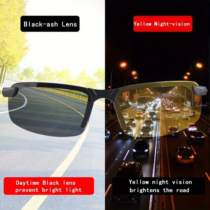 Unisex night vision glasses for day and night driving, dual lens, PC material, no diopter, decorative eyewear for men and women.