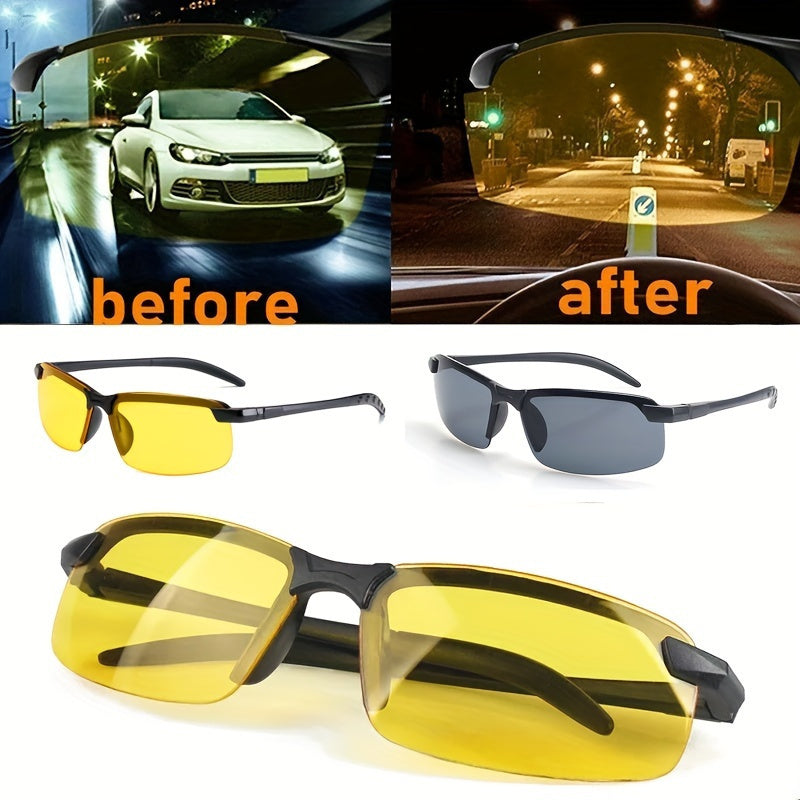 Unisex night vision glasses for day and night driving, dual lens, PC material, no diopter, decorative eyewear for men and women.