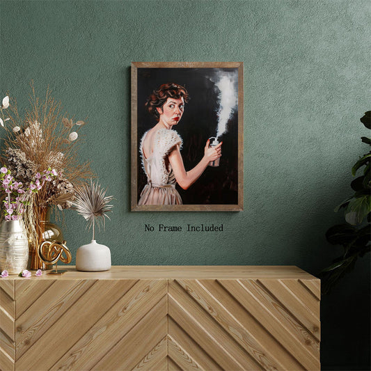 Add a touch of vintage charm to your space with this unframed canvas wall art featuring an elegant woman with a spray can. Perfect for adding a humorous touch to your bathroom decor or as an artistic print for your living room or bedroom. This unique