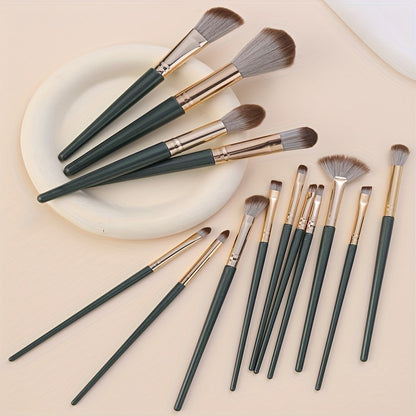 14-piece professional makeup brush set with green ABS handles and nylon brushes, suitable for normal skin.