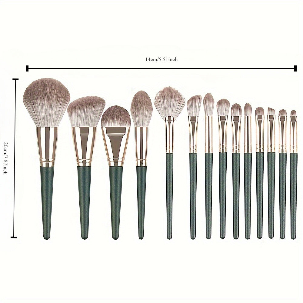 14-piece professional makeup brush set with green ABS handles and nylon brushes, suitable for normal skin.