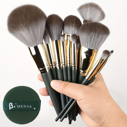 14-piece professional makeup brush set with green ABS handles and nylon brushes, suitable for normal skin.