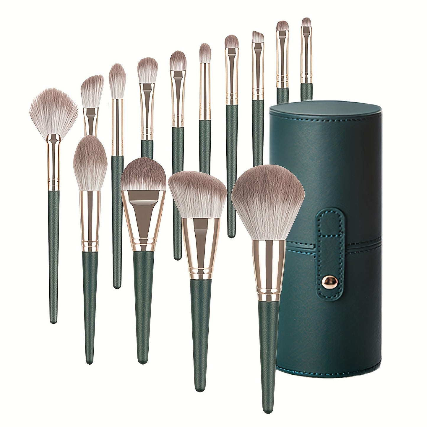 14-piece professional makeup brush set with green ABS handles and nylon brushes, suitable for normal skin.