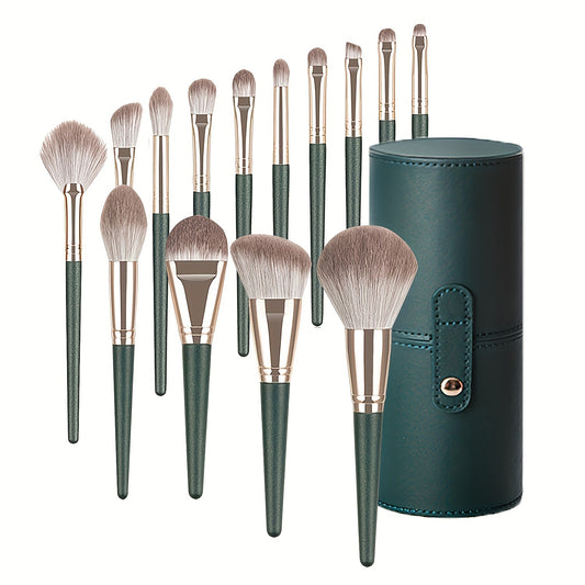 14-piece professional makeup brush set with green ABS handles and nylon brushes, suitable for normal skin.